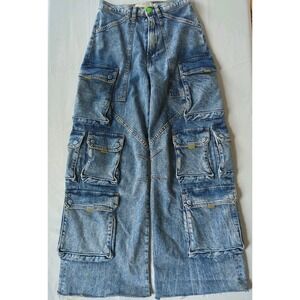 Wide Leg Cargo Jeans 25 Utility Multi Pocket Hudson Y2K Raver